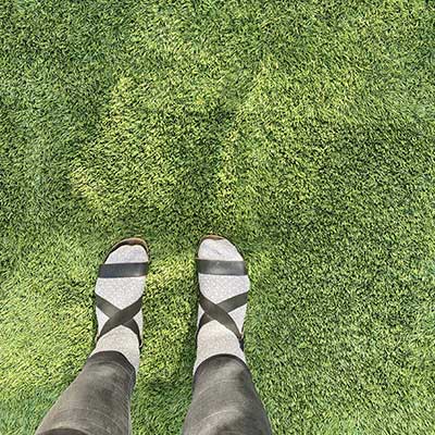 Overhead of woman wearing gray socks with black sandals and black jeans on faded artificial grass that was not UV protected.
